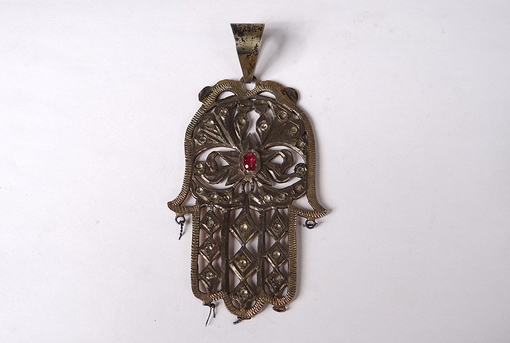 Pendentif Khamsa Main Fatma Argent Vermeil Rubis Afrique Nord Maghreb XIXè