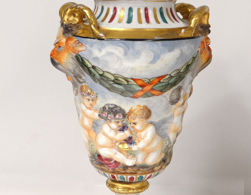 Paire Pots Couverts Porcelaine Capodimonte Faunes Chérubins Bacchus XIXème-photo-3