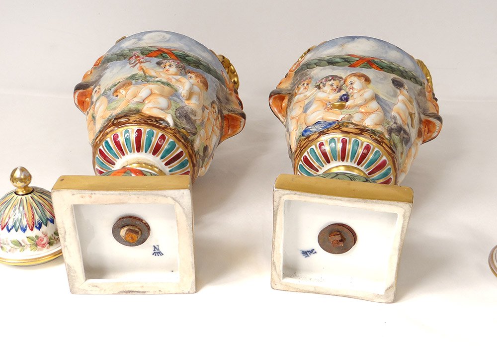 Pair Pots Cutlery Porcelain Capodimonte Faun Cherubs Bacchus Nineteenth-photo-7