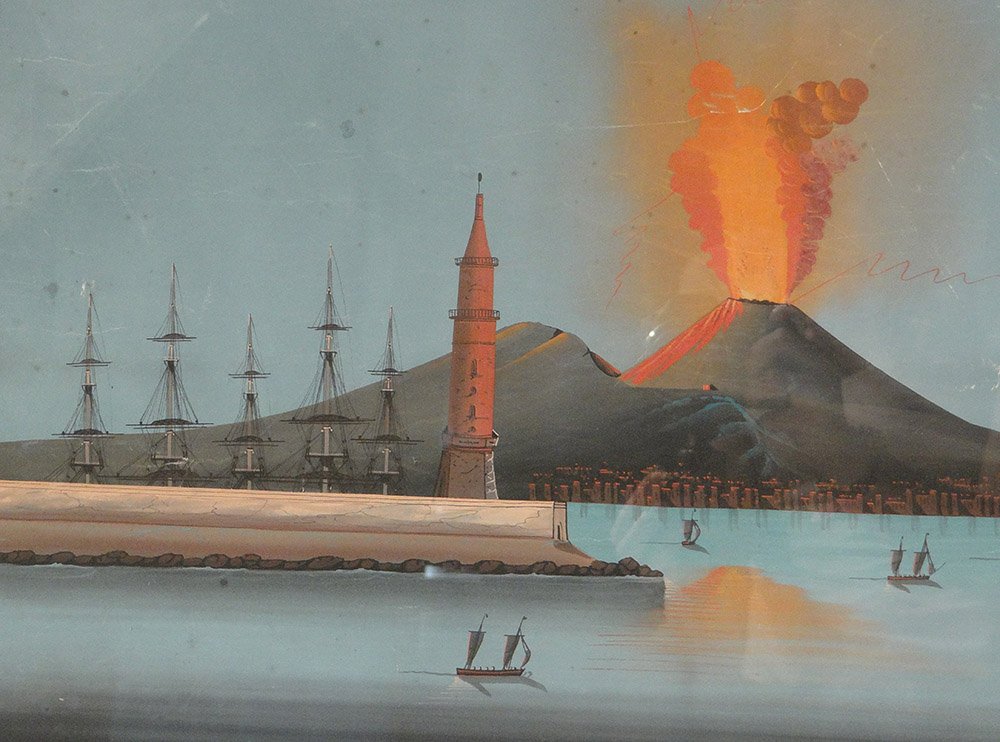 Paire Gouaches Napolitaines éruption Vésuve Italie Bateaux 27 Mai 1858 XIXè-photo-3