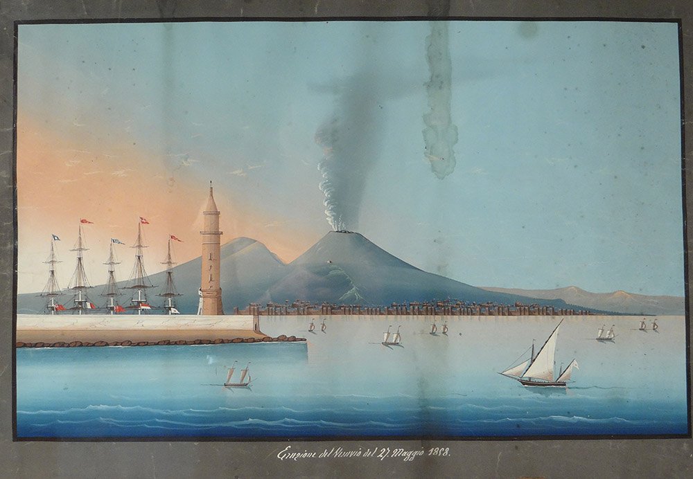Paire Gouaches Napolitaines éruption Vésuve Italie Bateaux 27 Mai 1858 XIXè-photo-3