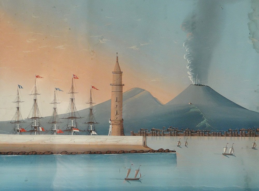 Paire Gouaches Napolitaines éruption Vésuve Italie Bateaux 27 Mai 1858 XIXè-photo-4