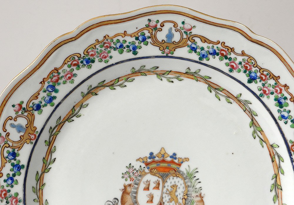 5 Assiettes 1 Plat Compagnie Indes Armoirié Visdelou Bonamour Qianlong 18è-photo-1