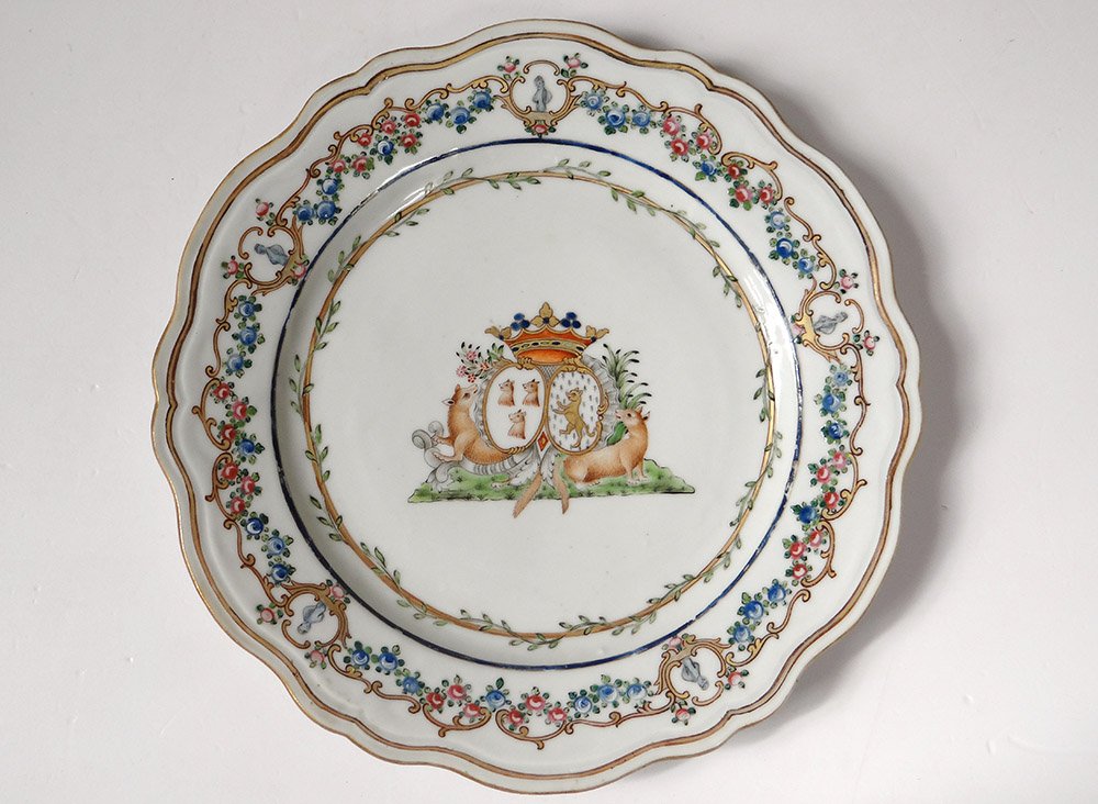 5 Assiettes 1 Plat Compagnie Indes Armoirié Visdelou Bonamour Qianlong 18è-photo-4