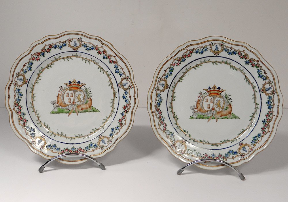 5 Assiettes 1 Plat Compagnie Indes Armoirié Visdelou Bonamour Qianlong 18è-photo-5