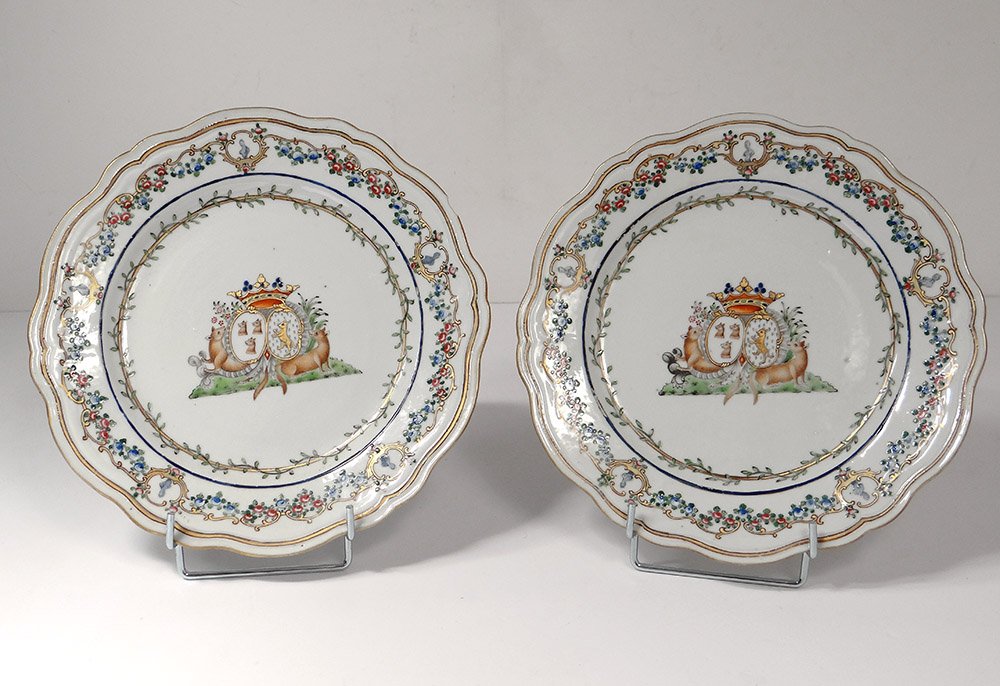 5 Plates 1 Dish Company India Armoirie Visdelou Bonamour Qianlong 18th-photo-6
