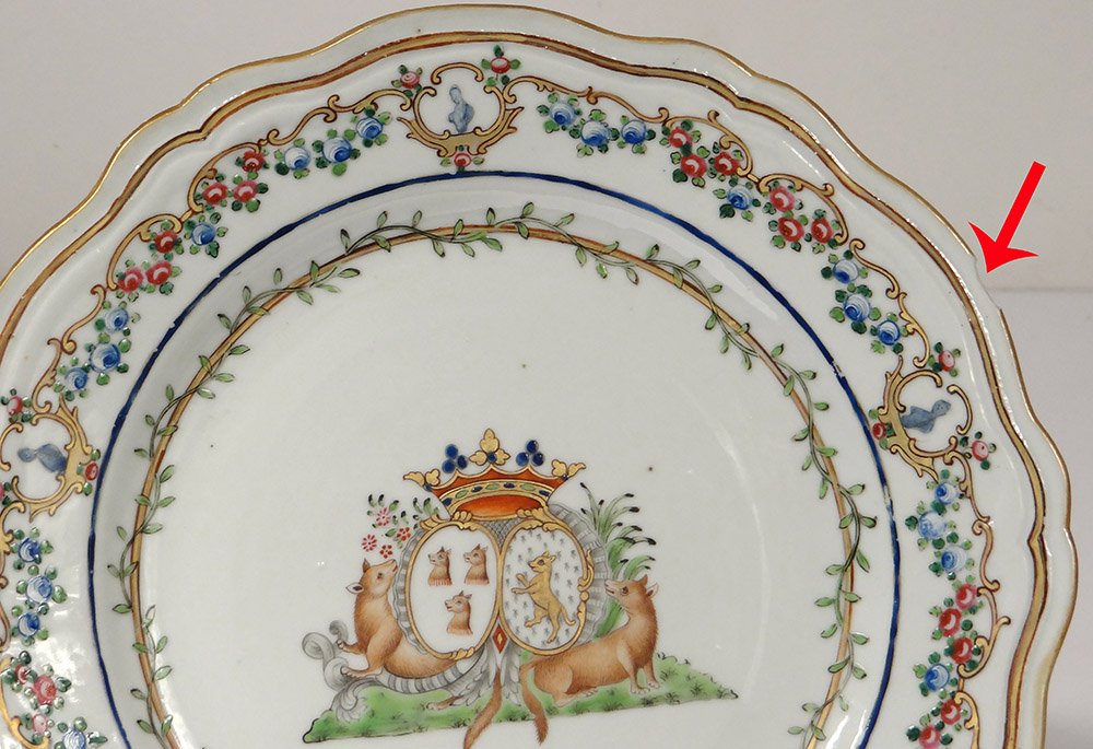 5 Assiettes 1 Plat Compagnie Indes Armoirié Visdelou Bonamour Qianlong 18è-photo-8