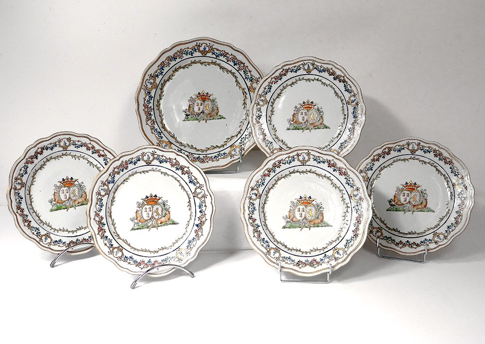 5 Assiettes 1 Plat Compagnie Indes Armoirié Visdelou Bonamour Qianlong 18è