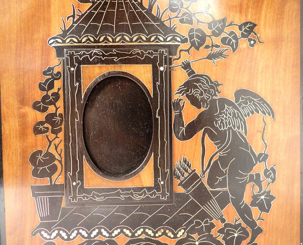 Pair Frames Photo Holder Marquetry Ebony Walnut Amours Cherubs Flowers 19th-photo-3