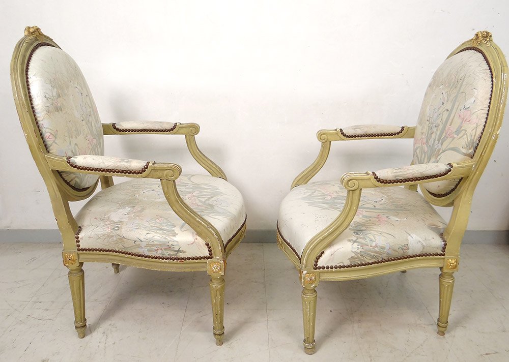 Pair Louis XVI Armchairs In The Queen Dossier Medallion Lacquered Wood XVIII-photo-7