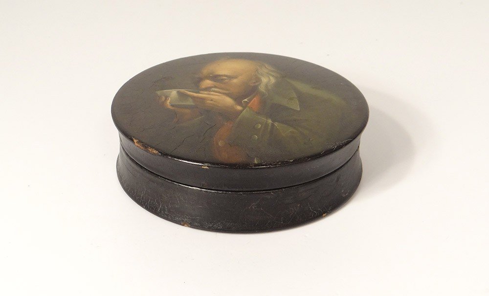 Russian Round Box Lacquered Wood Portrait Man Drinking Nineteenth Century-photo-2
