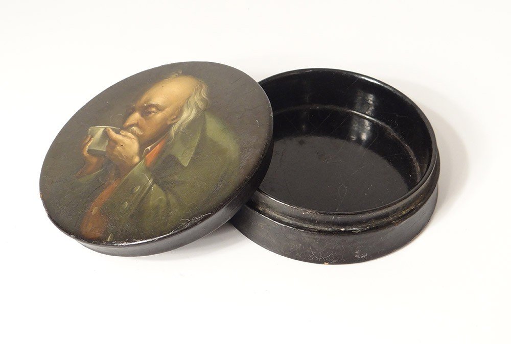 Russian Round Box Lacquered Wood Portrait Man Drinking Nineteenth Century-photo-3