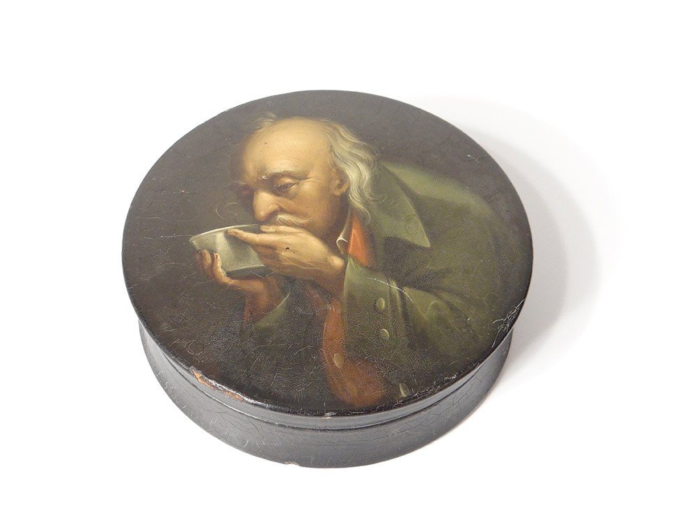 Russian Round Box Lacquered Wood Portrait Man Drinking Nineteenth Century