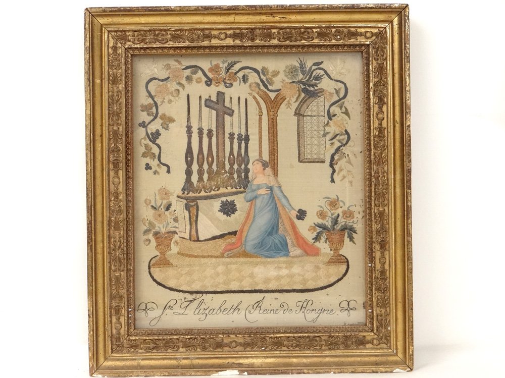 Tableau Broderie Fils Or Soie Sainte Elisabeth Hongrie Autel église XIXème