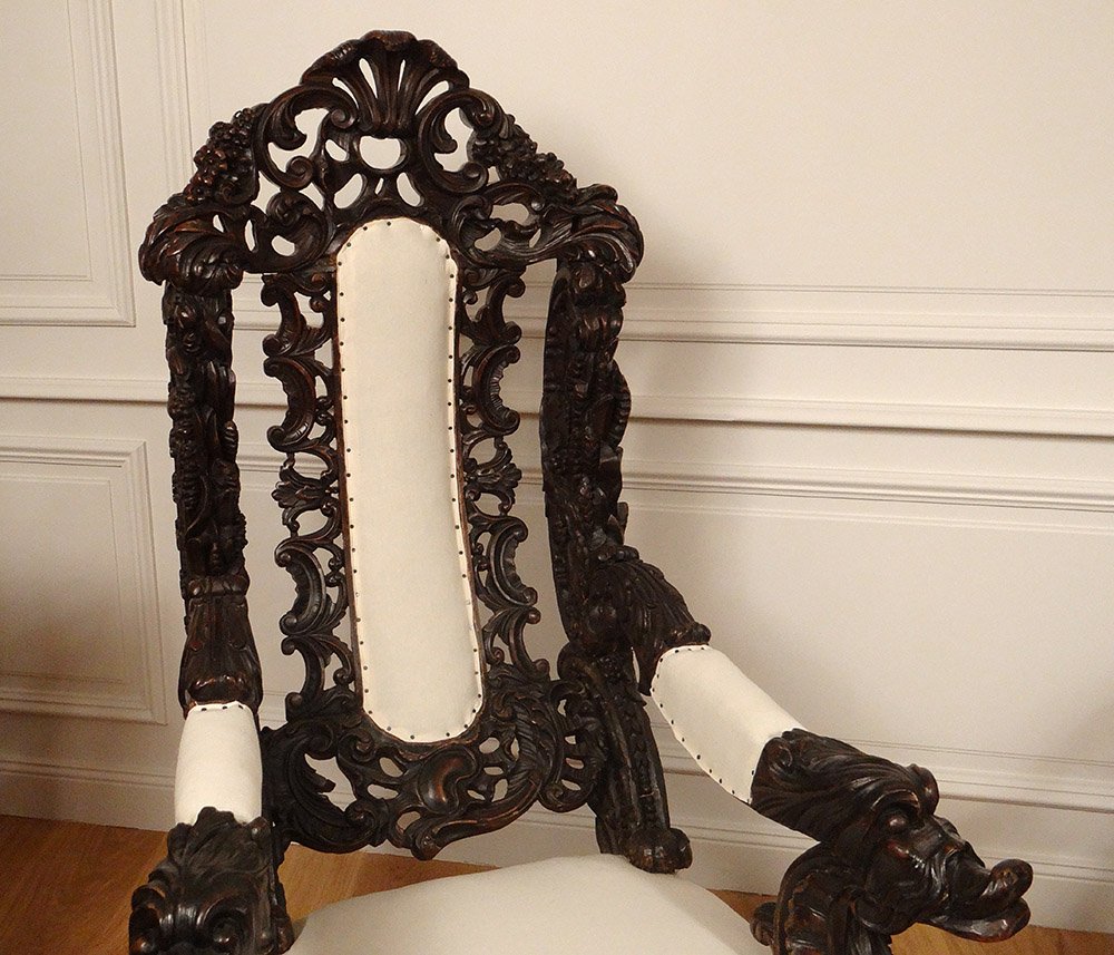 Paire Grands Fauteuils Bois Sculpté Italie Venise Baroque Raisin Vigne XIXè-photo-2