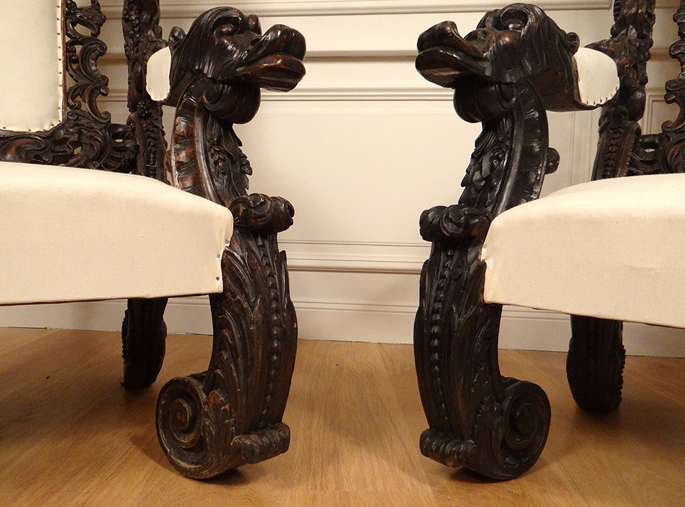 Paire Grands Fauteuils Bois Sculpté Italie Venise Baroque Raisin Vigne XIXè-photo-1