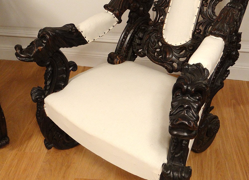 Paire Grands Fauteuils Bois Sculpté Italie Venise Baroque Raisin Vigne XIXè-photo-2