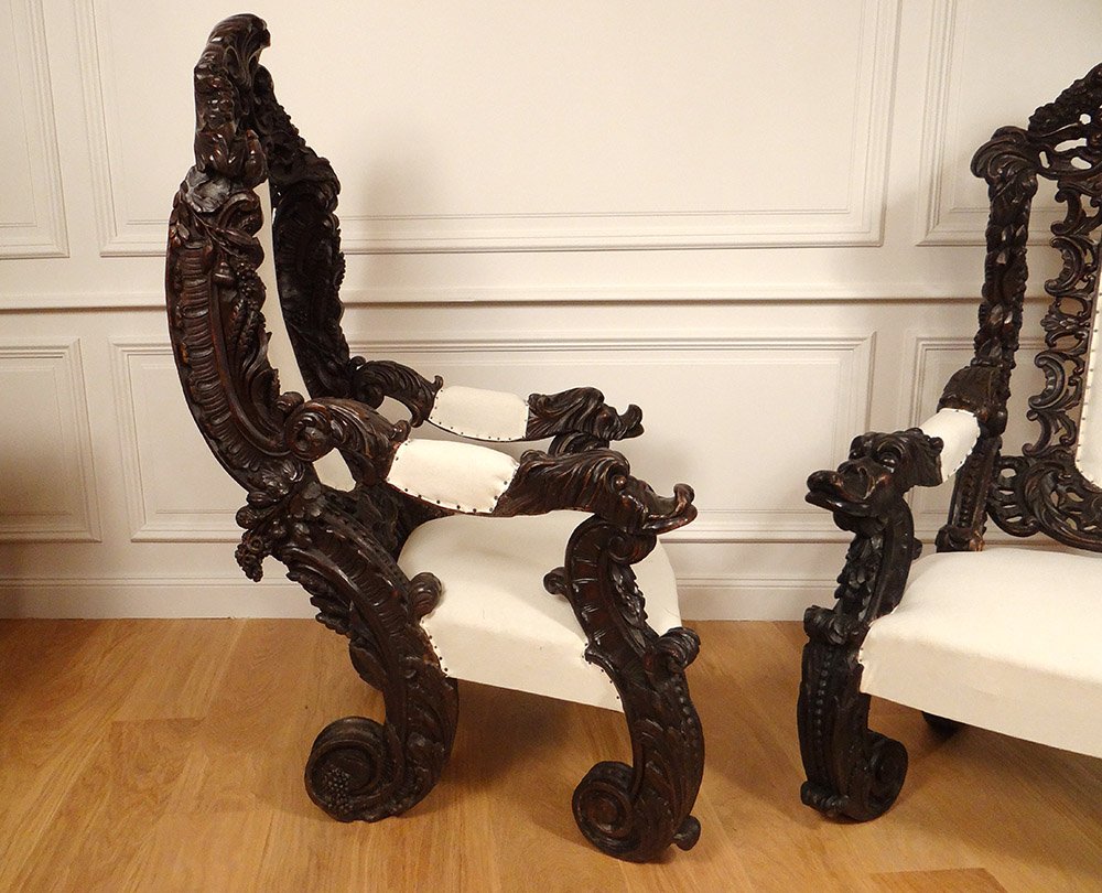 Paire Grands Fauteuils Bois Sculpté Italie Venise Baroque Raisin Vigne XIXè-photo-3