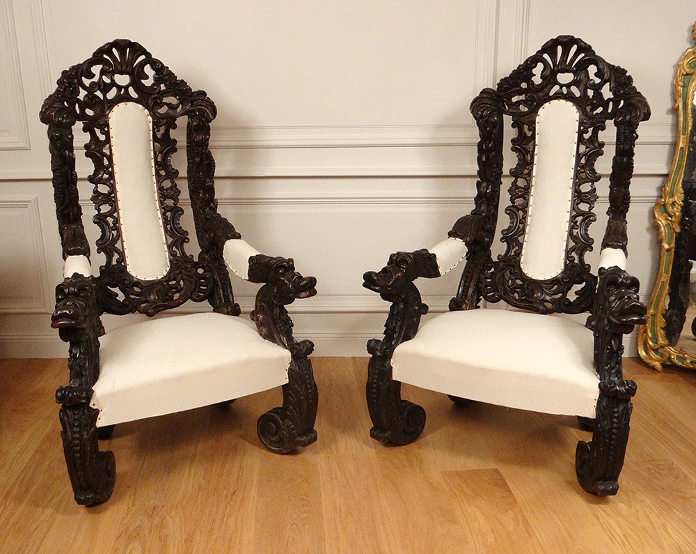 Pair Large Armchairs Carved Wood Italy Venice Baroque Raisin Vine Nineteenth