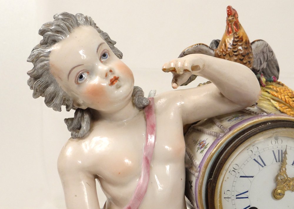 Pendulum Porcelain Angelot Putti Allegory Music Tambour Rooster Nineteenth-photo-3