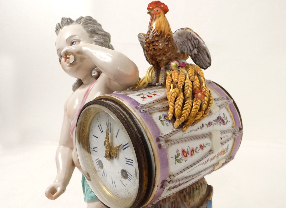 Pendulum Porcelain Angelot Putti Allegory Music Tambour Rooster Nineteenth-photo-4