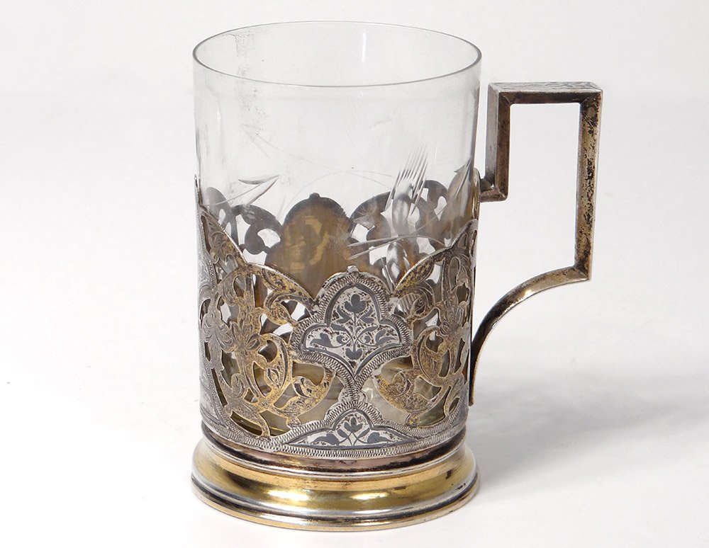 Porte-tasse Gobelet Argent Massif Niellé Russe URSS Cuillère émail XXème-photo-2