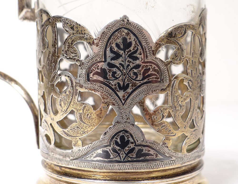 Porte-tasse Gobelet Argent Massif Niellé Russe URSS Cuillère émail XXème-photo-3