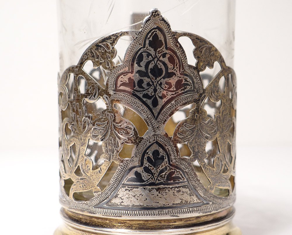 Porte-tasse Gobelet Argent Massif Niellé Russe URSS Cuillère émail XXème-photo-4