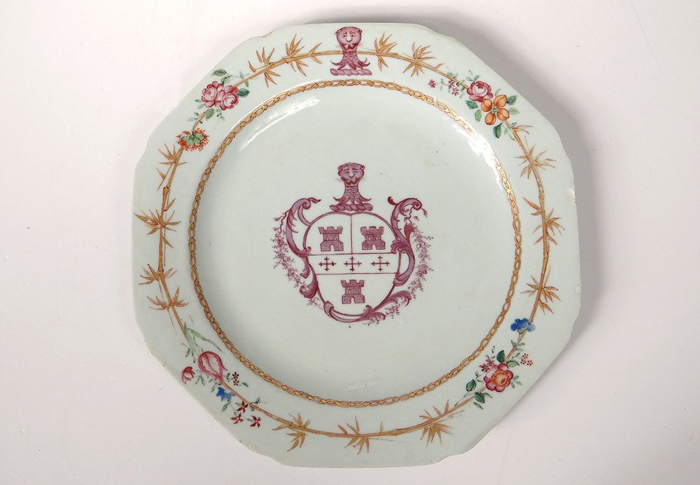 Plat Porcelaine Compagnie Indes Armoiries Blason Bambous Qianlong XVIIIème