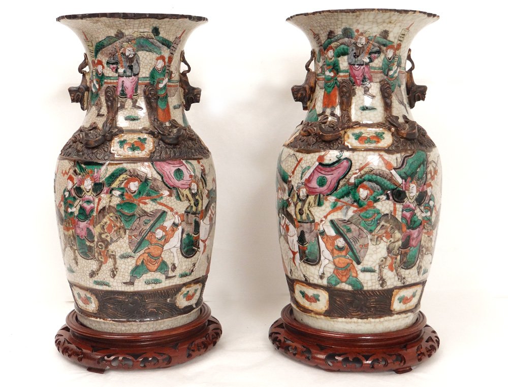 Paire Vases Chinois Porcelaine Nankin Personnages Asiatiques Chevaux XXè