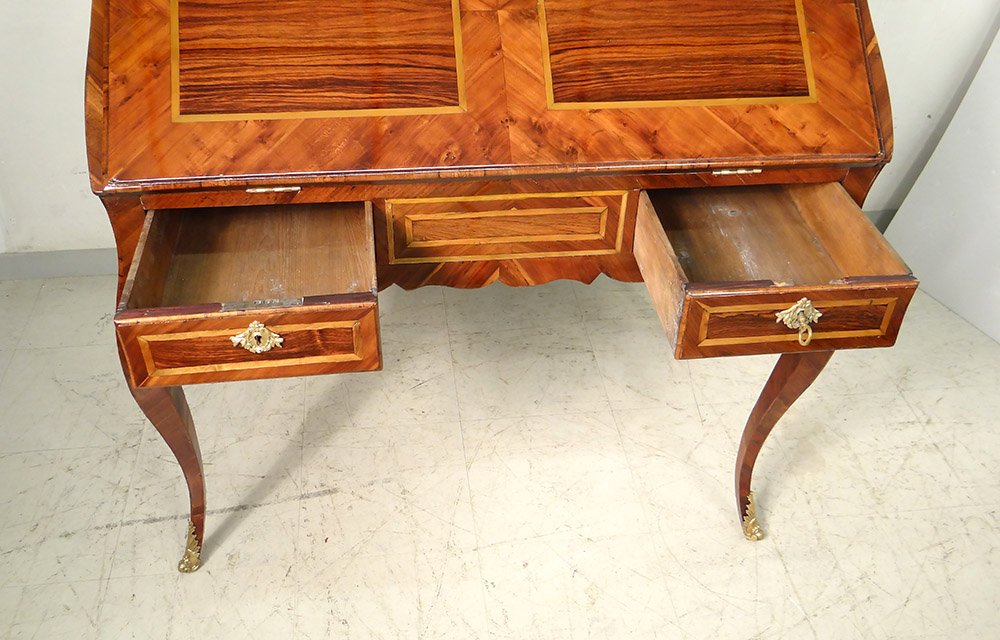 Bureau De Pente Louis XV Marquetry Rosewood Rosewood Bronze XVIII-photo-3