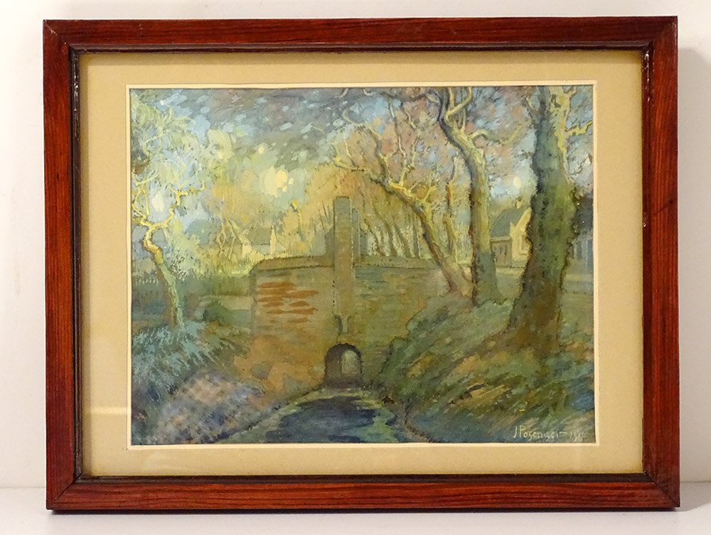 Watercolor Gouache Joseph Posenaer Landscape Flemish School Lock Twentieth Century