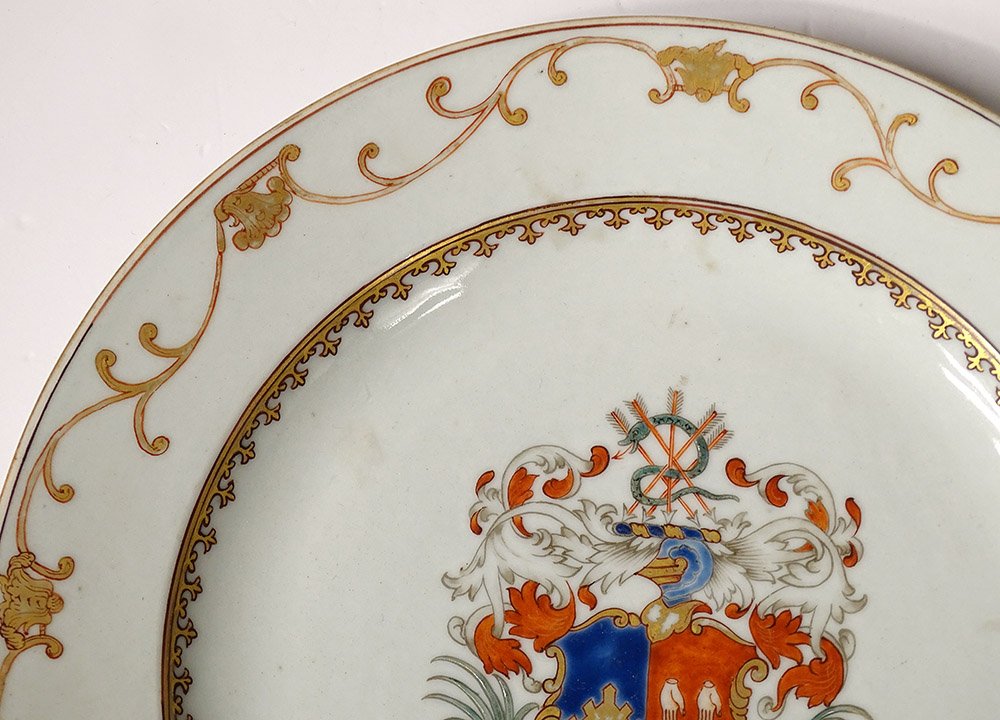 Paire Plats Porcelaine Compagnie des Indes Armoiries Blason Chevalier 18è-photo-1