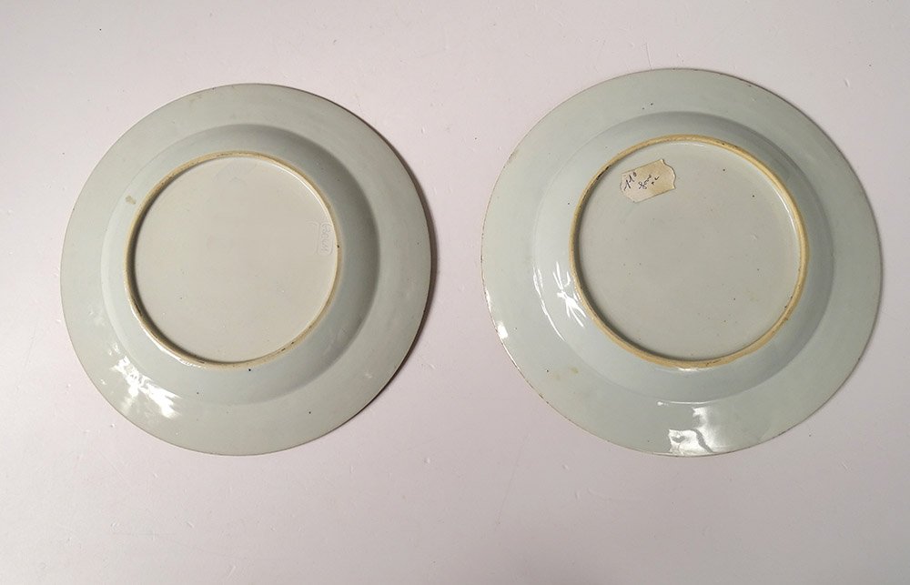 Paire Plats Porcelaine Compagnie des Indes Armoiries Blason Chevalier 18è-photo-6