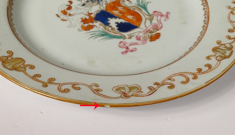 Paire Plats Porcelaine Compagnie des Indes Armoiries Blason Chevalier 18è-photo-7