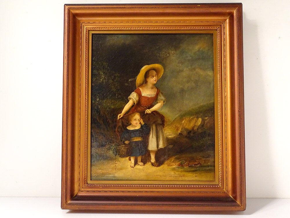 HST Tableau Femme Enfant Paysage Campagne école Française XIXème Siècle