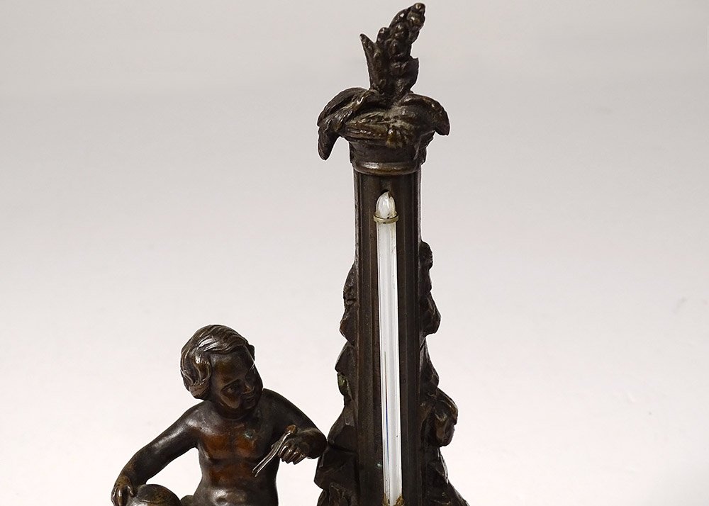 Thermometer Bronze Black Marble Cherub Globe Column Allegory XIXth Century-photo-3