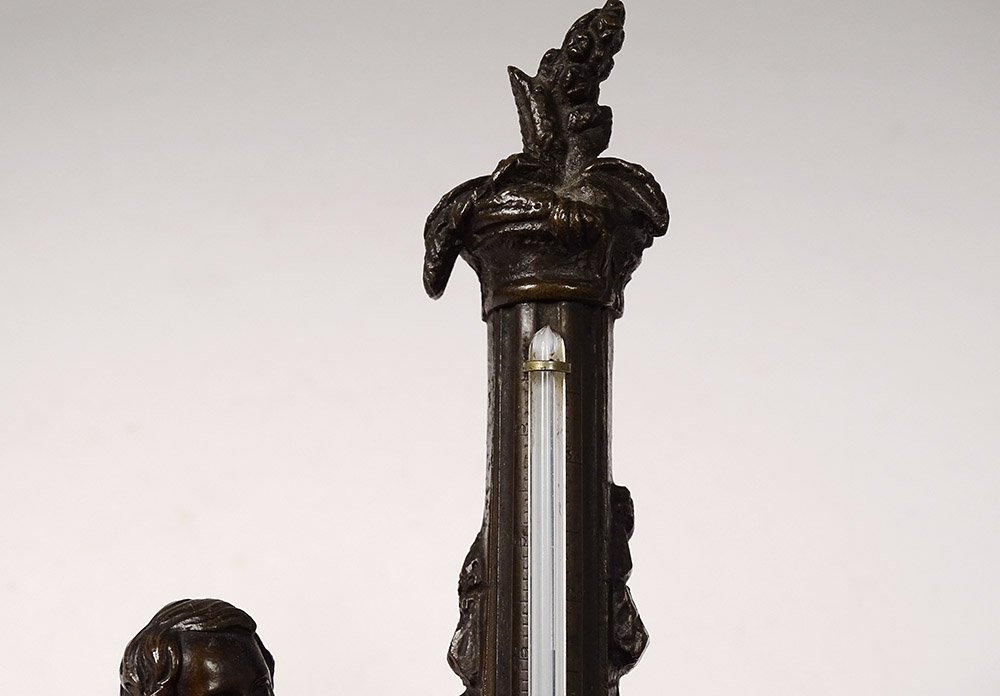 Thermometer Bronze Black Marble Cherub Globe Column Allegory XIXth Century-photo-3