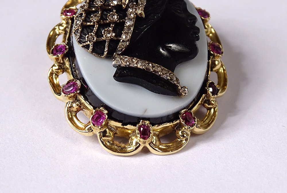 Brooch Pendant Cameo Negress Onyx Solid Gold 18k Ruby Diamonds XIXth-photo-4