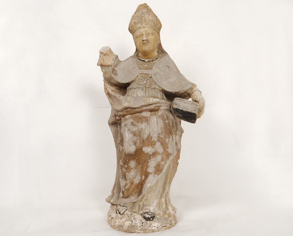 Statue Religieuse Pierre Blanche Sculpté évêque Bible Croix XVIIème Siècle