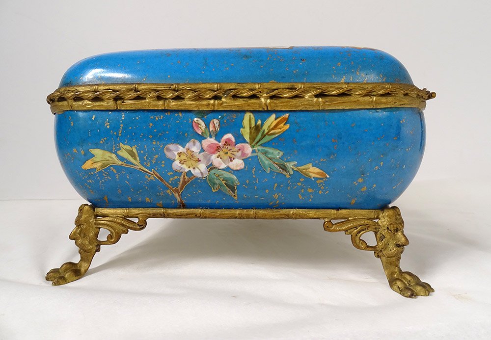 Limoges Bernardaud Porcelain Box Landscape Butterflies Flowers Twentieth Bronze-photo-5