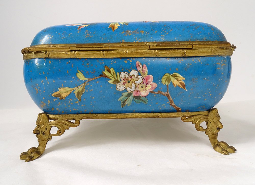 Limoges Bernardaud Porcelain Box Landscape Butterflies Flowers Twentieth Bronze-photo-6