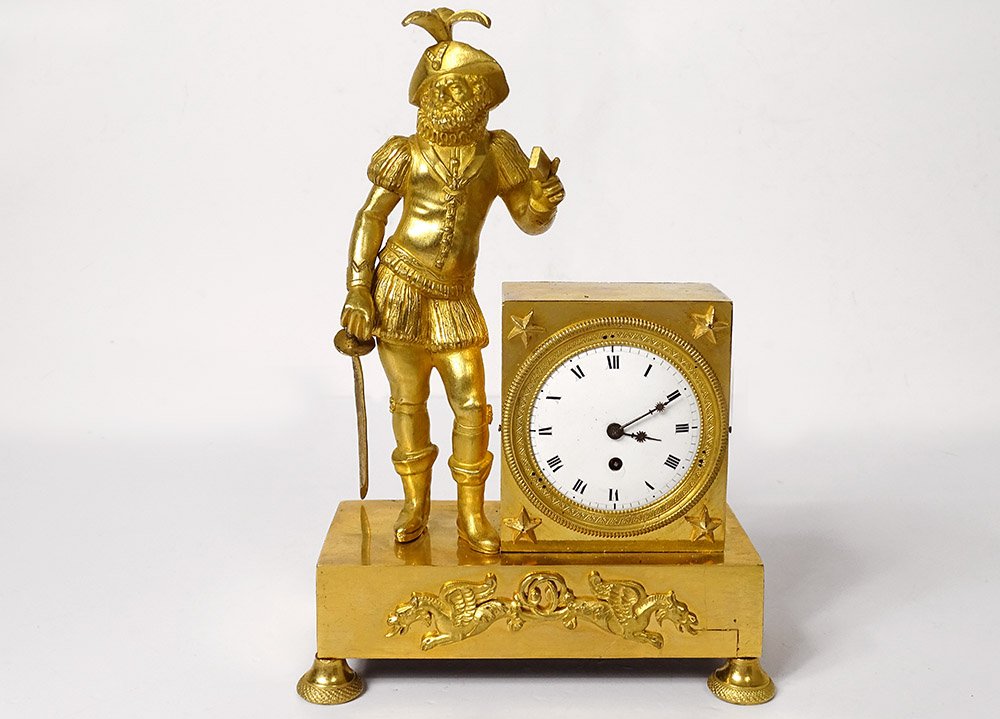 Clock Empire Gilt Bronze Musketeer Sword Griffons Le Roy Paris XIX