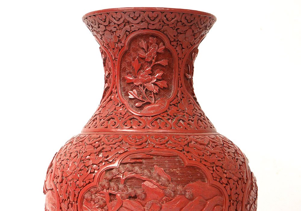 Large Baluster Vase Cinnabar Lacquer Characters Landscape Flowers China XIXth-photo-2