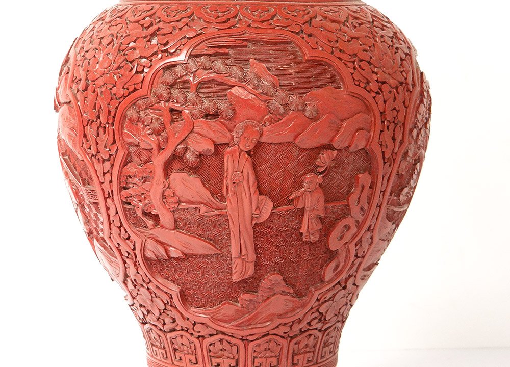 Large Baluster Vase Cinnabar Lacquer Characters Landscape Flowers China XIXth-photo-3