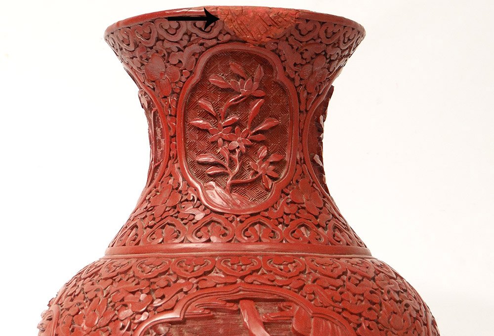 Large Baluster Vase Cinnabar Lacquer Characters Landscape Flowers China XIXth-photo-2