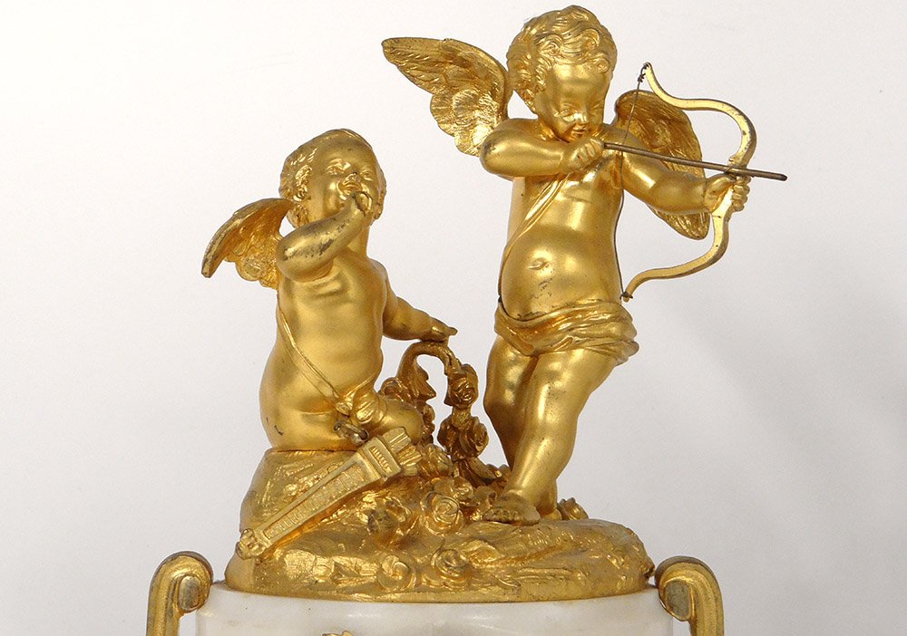 Pendulum Gilt Bronze White Marble Cupid Cupids Romantic Quiver XIXth-photo-2