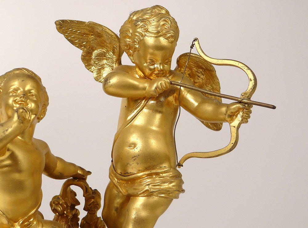 Pendule Bronze Doré Marbre Blanc Amours Cupidon Carquois Romantique XIXème-photo-2