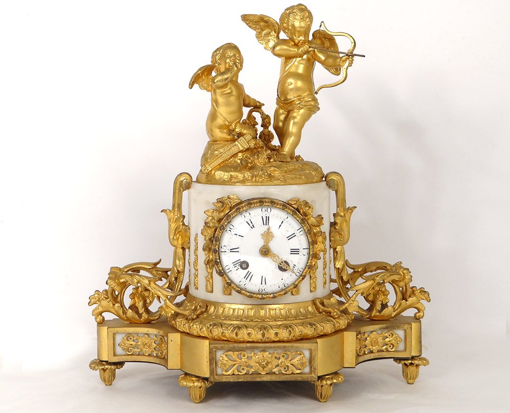 Pendule Bronze Doré Marbre Blanc Amours Cupidon Carquois Romantique XIXème