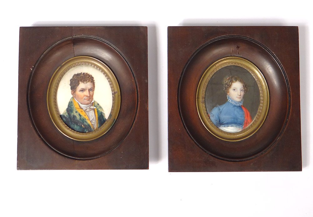 Pair Miniatures Portraits Notable Couple Woman Directoire Empire 18th 19th